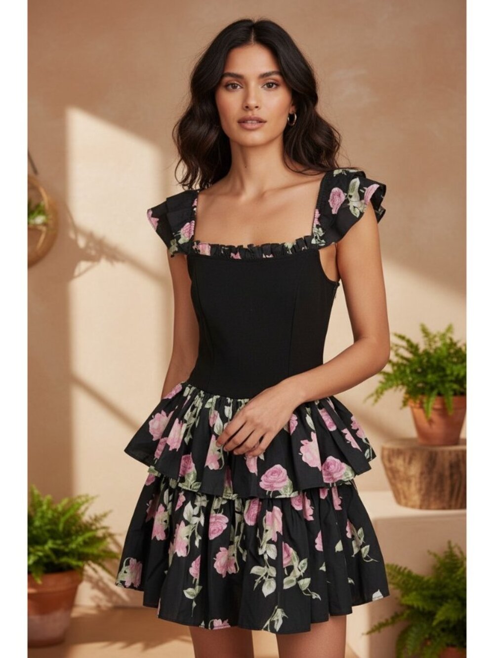 LoveShackFancy Peplum Mini Dress Womens Sz 4 Black Floral Boho Cottagecore Fairy